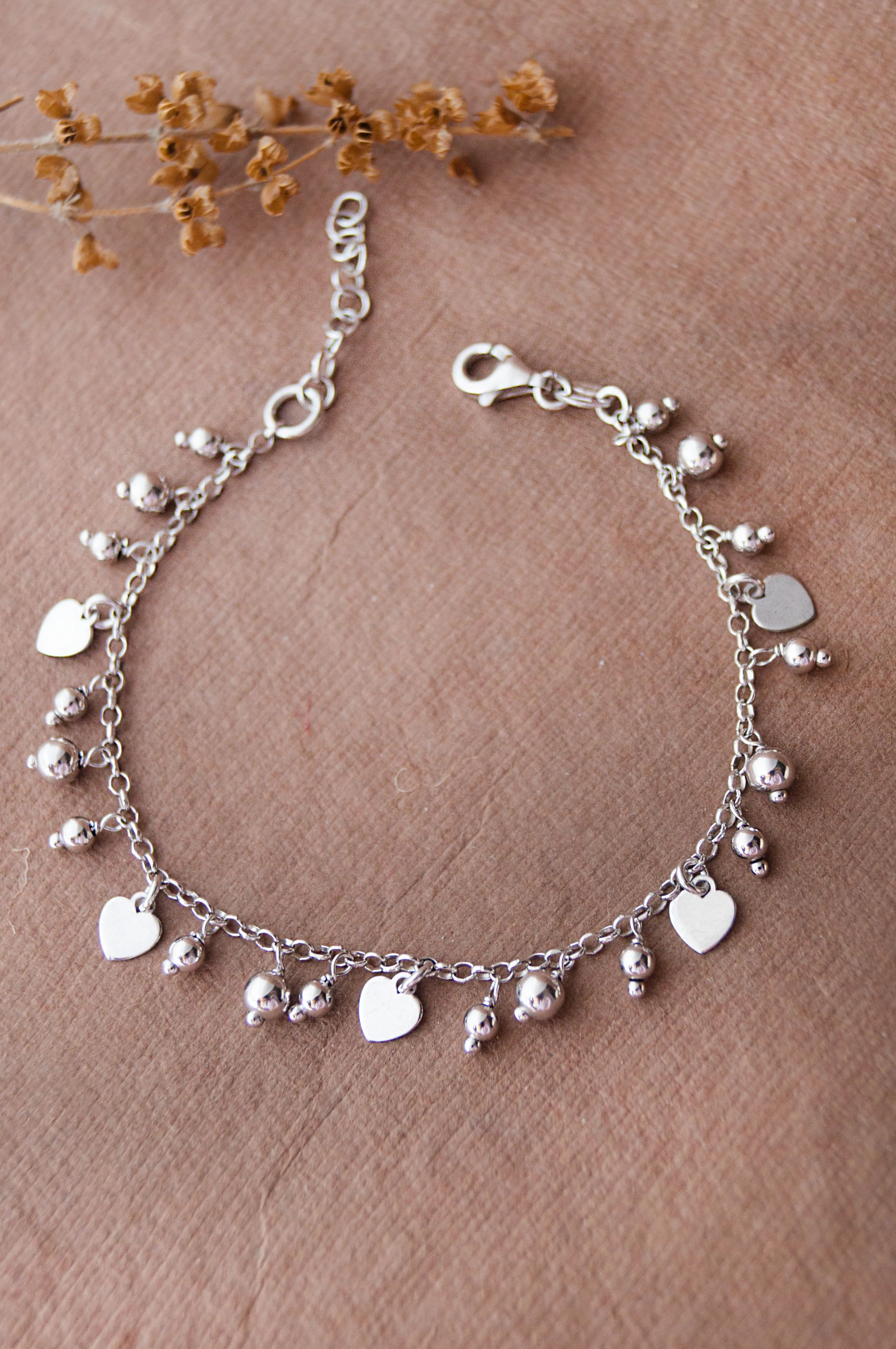 Dancing Balls And Hearts Sterling Silver Chain Bracelet