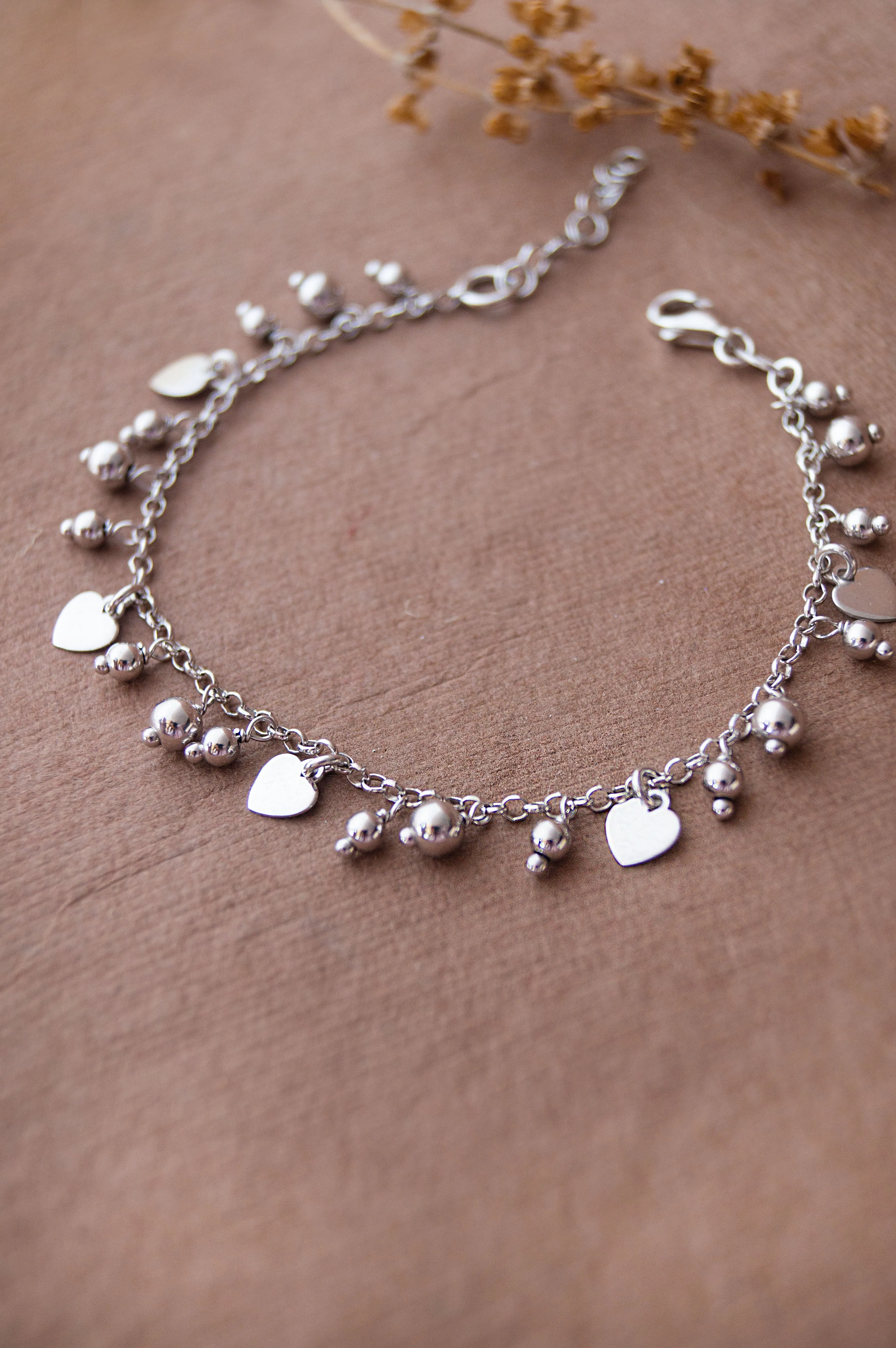 Dancing Balls And Hearts Sterling Silver Chain Bracelet