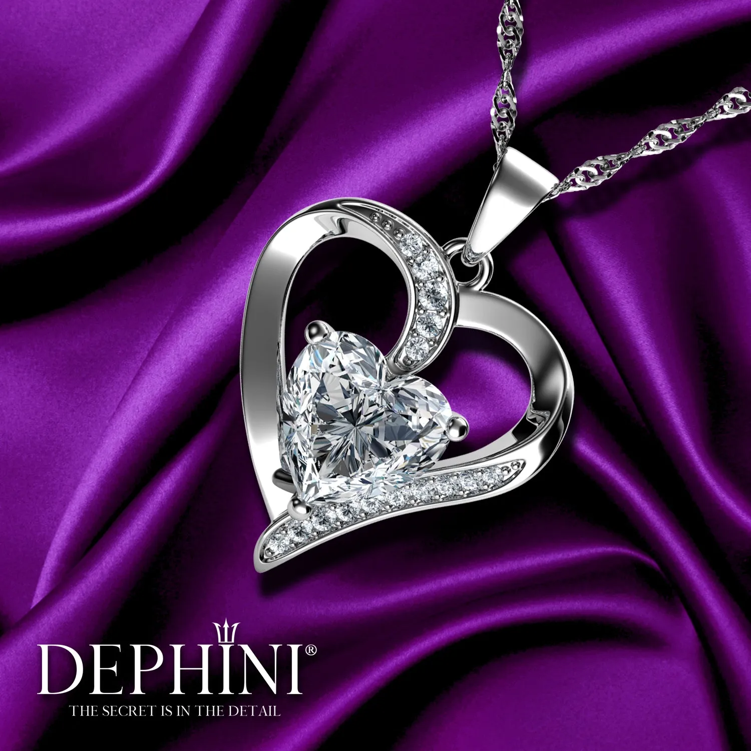 DEPHINI Silver heart Necklace with Cubic Zirconia Crystal Pendant