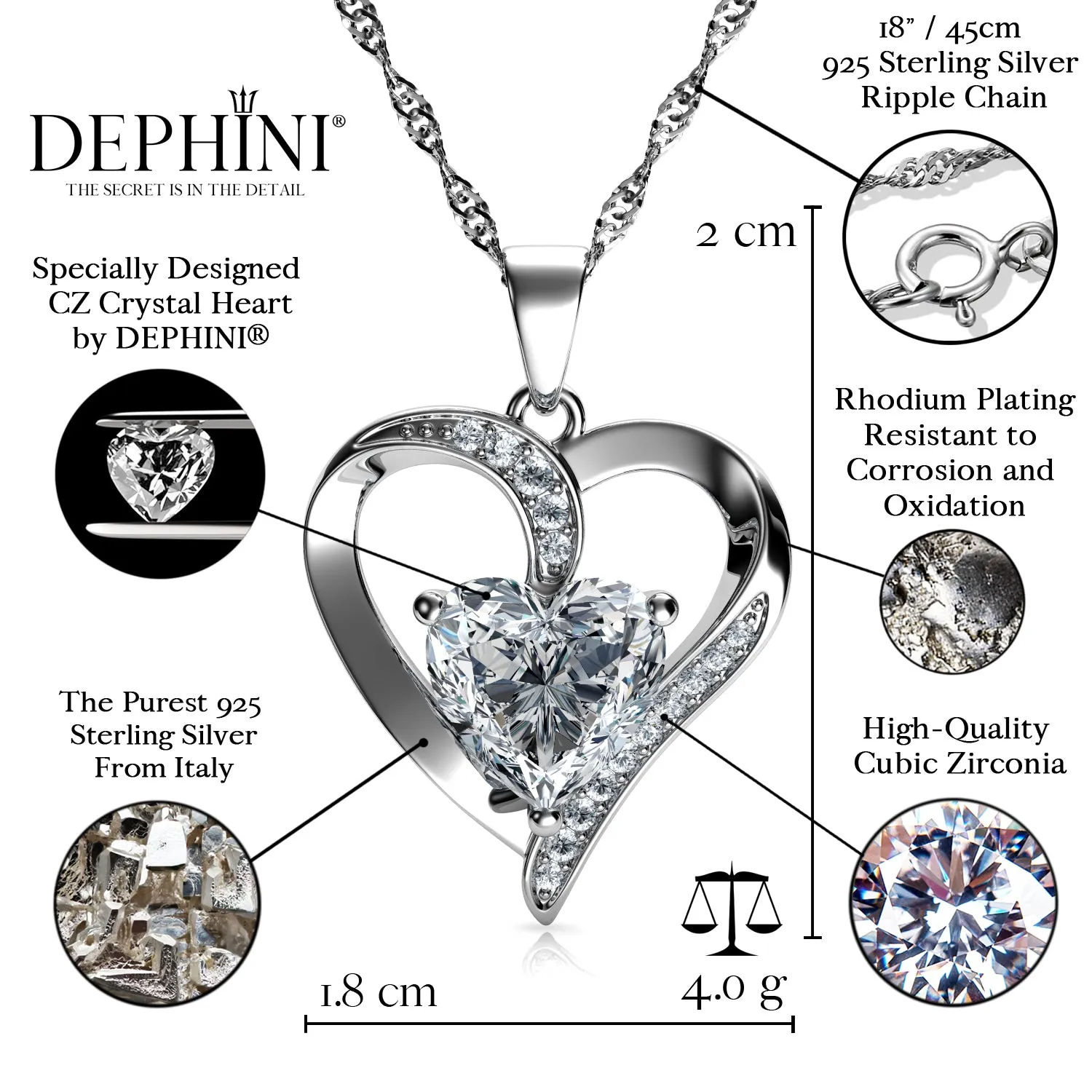 DEPHINI Silver heart Necklace with Cubic Zirconia Crystal Pendant