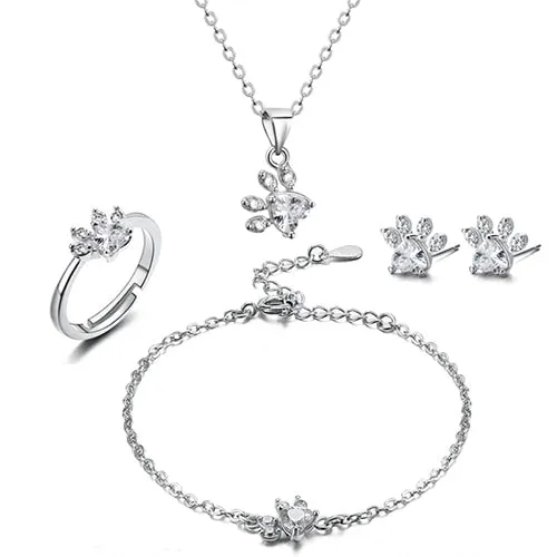 Dog Paw Cubic Zirconia Necklace, Bracelet, Earrings & Ring Jewelry Set