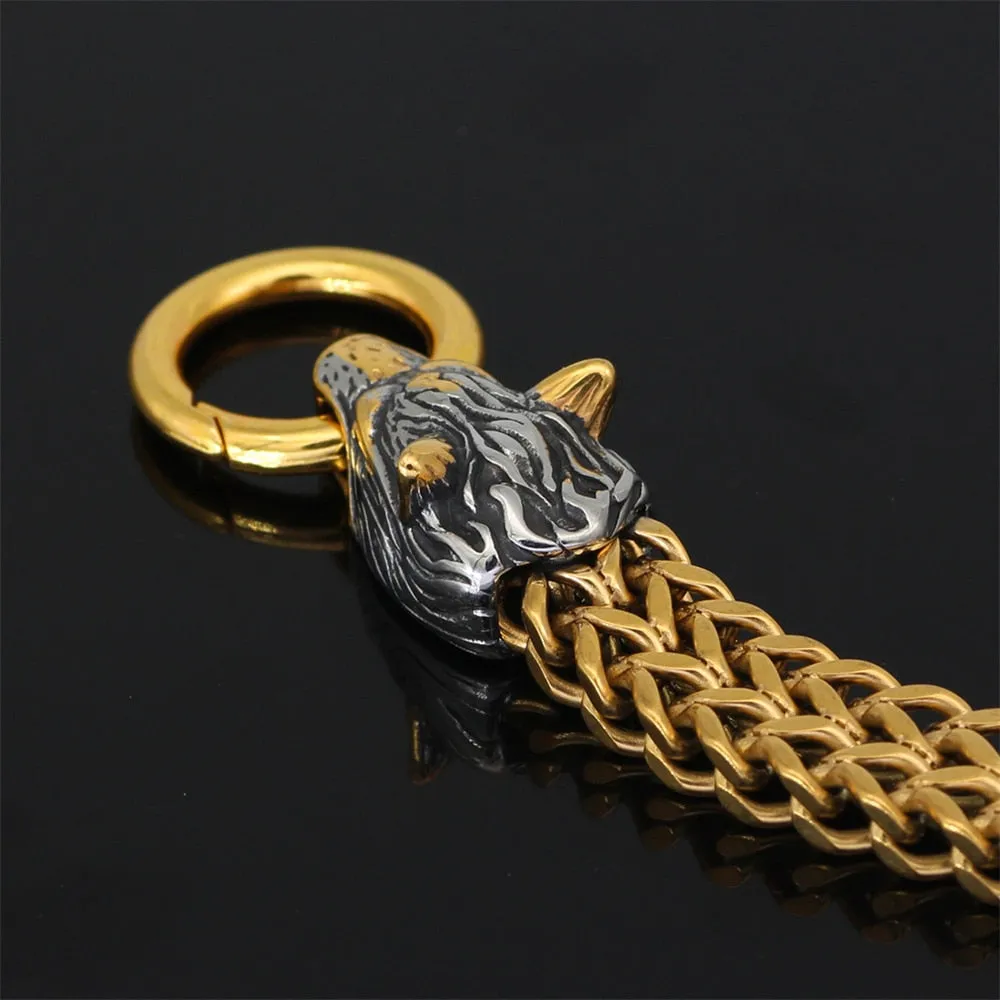 Double Wolves Gold-Black Stainless Steel Mesh Link Bracelet