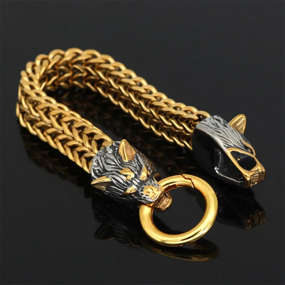 Double Wolves Gold-Black Stainless Steel Mesh Link Bracelet