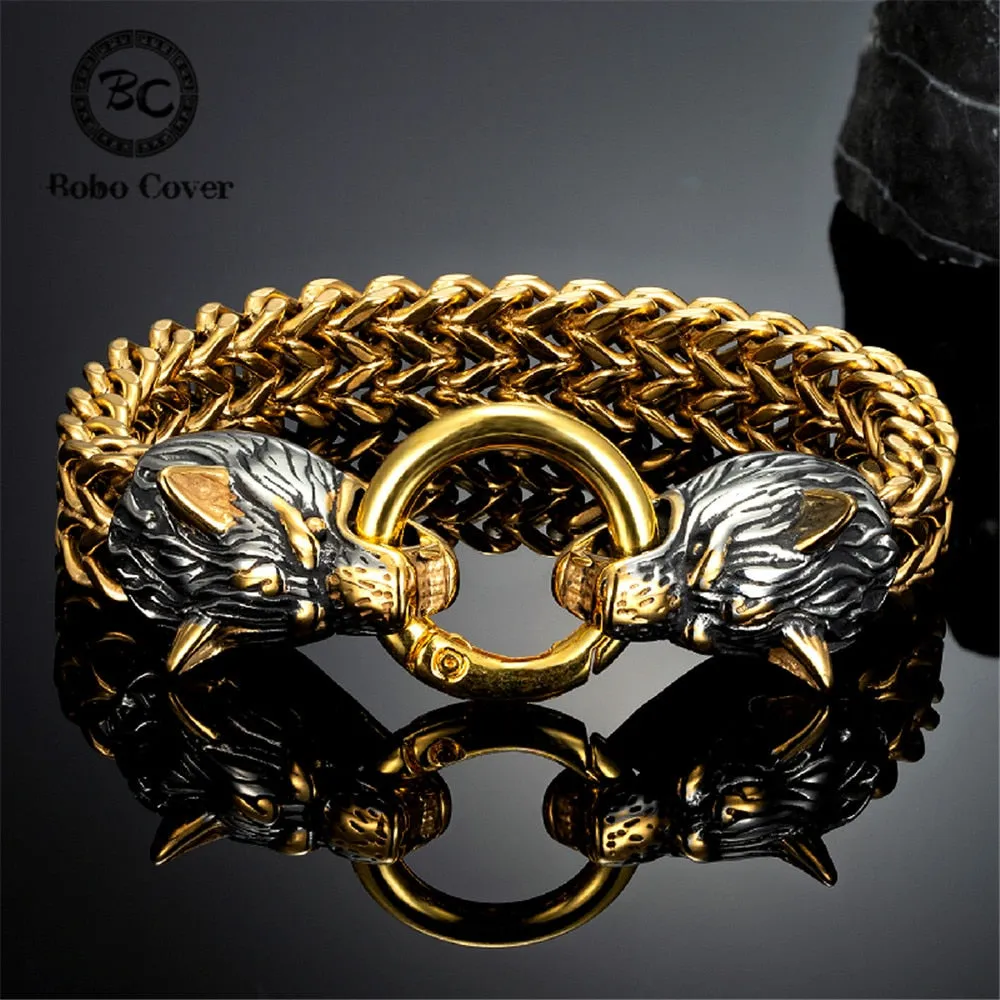 Double Wolves Gold-Black Stainless Steel Mesh Link Bracelet