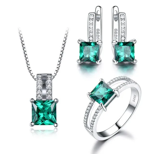 Emerald or Topaz and Cubic Zirconia 925 Sterling Silver Pendant, Stud Earrings & Ring Jewelry Set