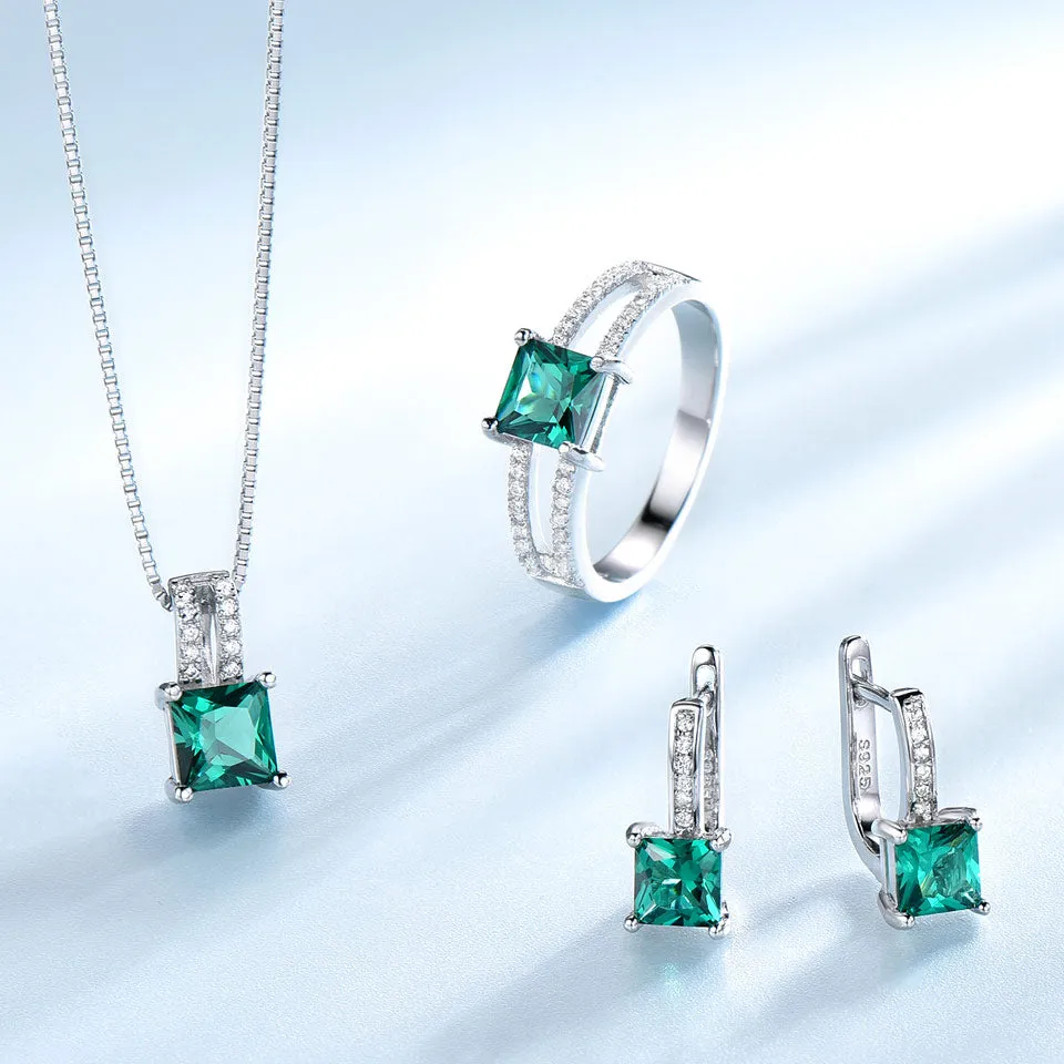 Emerald or Topaz and Cubic Zirconia 925 Sterling Silver Pendant, Stud Earrings & Ring Jewelry Set