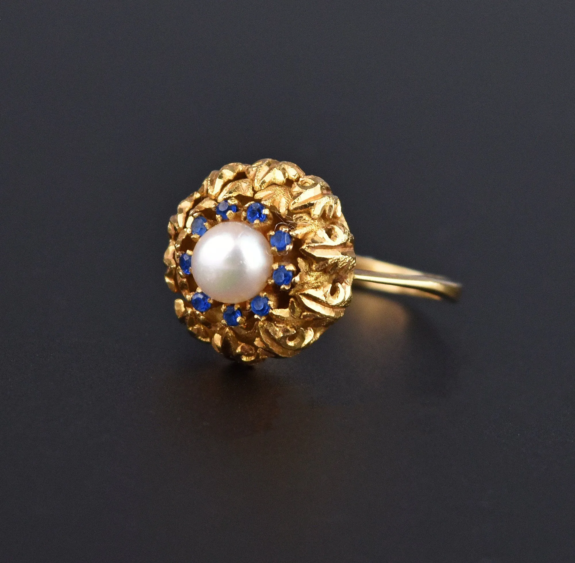 French 18K Gold Sapphire Halo Pearl Ring