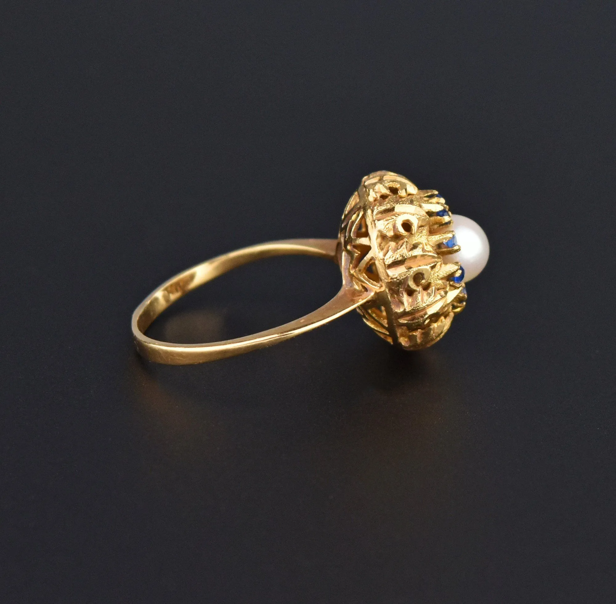 French 18K Gold Sapphire Halo Pearl Ring