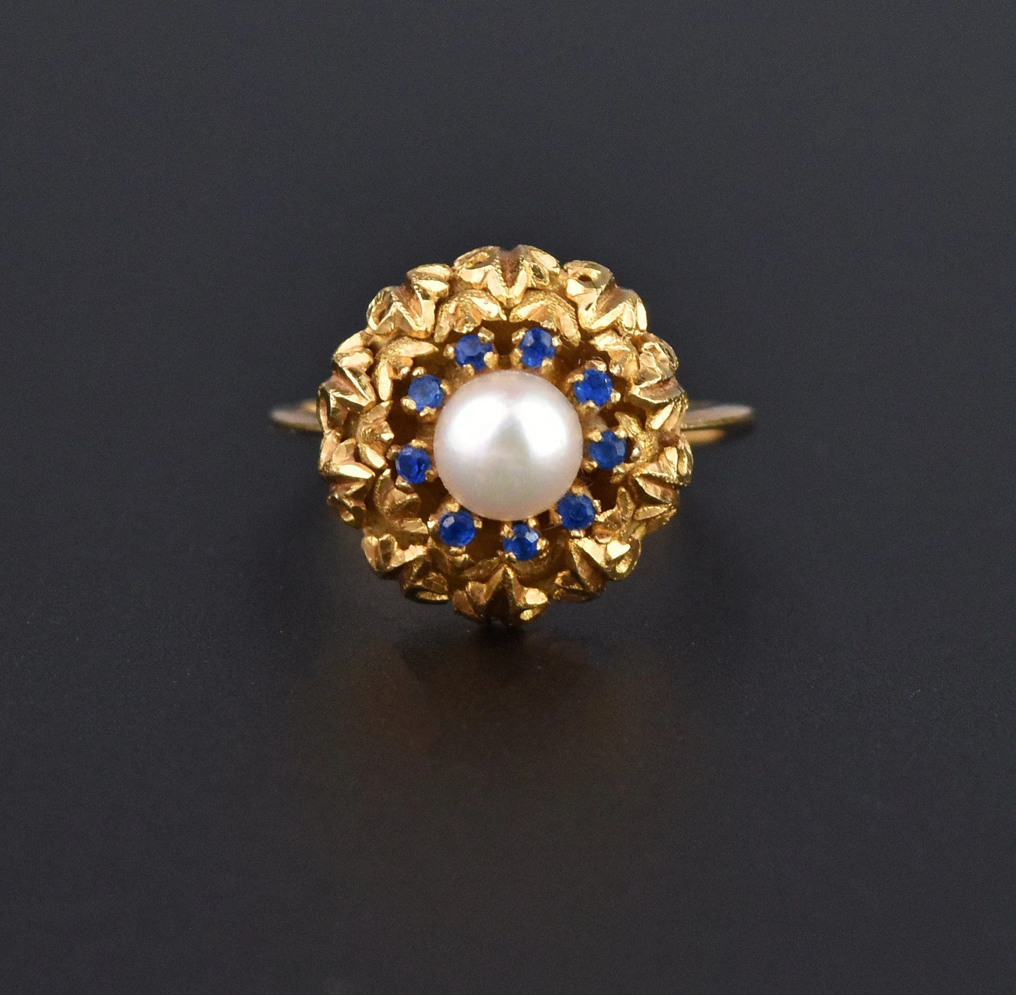 French 18K Gold Sapphire Halo Pearl Ring