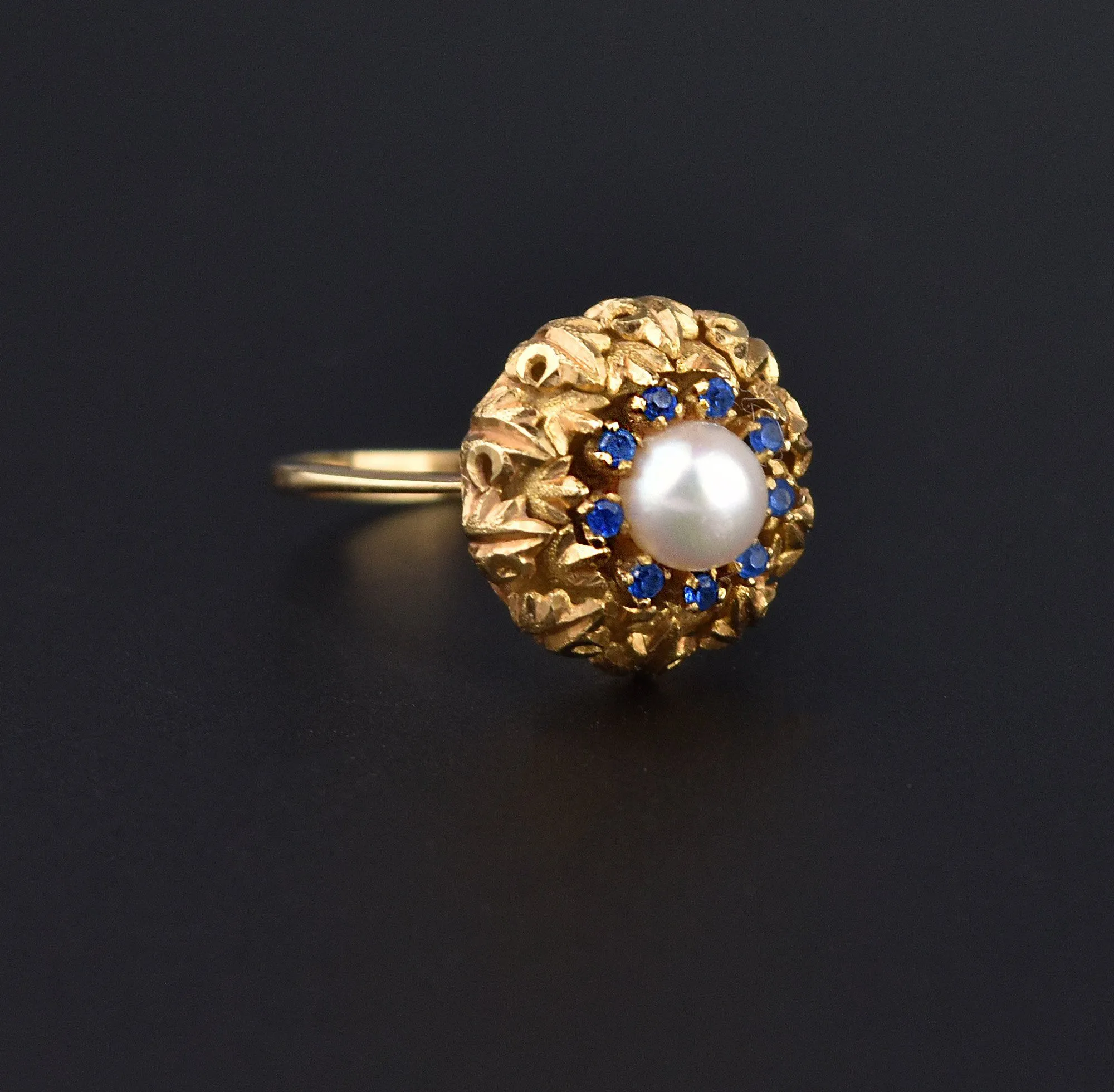 French 18K Gold Sapphire Halo Pearl Ring