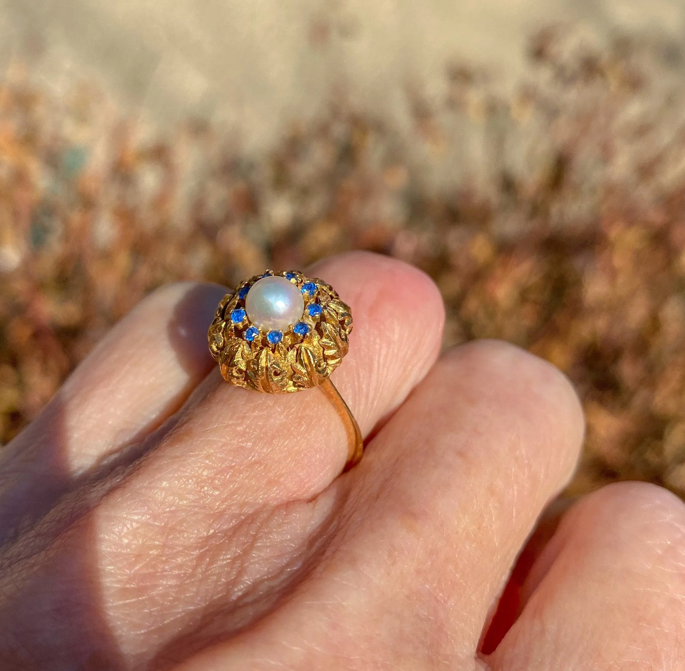 French 18K Gold Sapphire Halo Pearl Ring