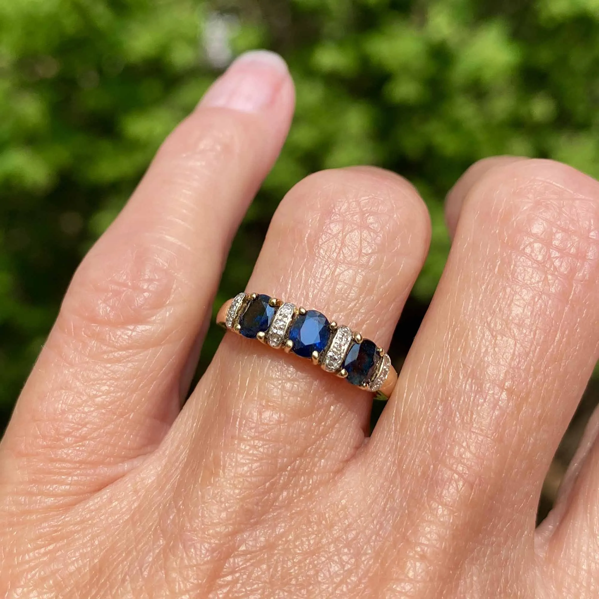 Gold Diamond Three Stone Sapphire Stacking Ring Band