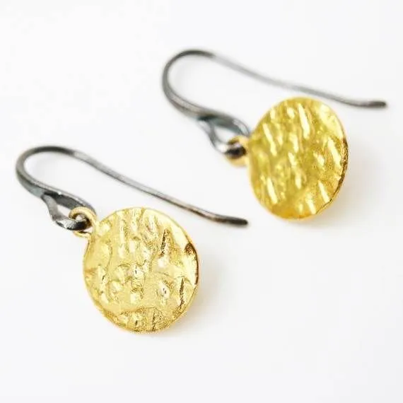 Gold plated brass discs earrings with texture and hangs on sterling silver oxidized hook