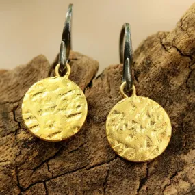 Gold plated brass discs earrings with texture and hangs on sterling silver oxidized hook