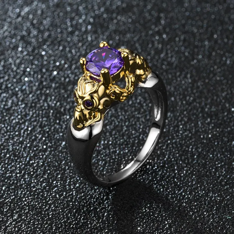 Gold-Plated Skull and Cubic Zirconia Punk Fashion Ring