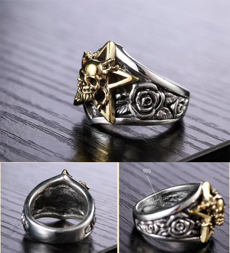 Gothic Gold-Plated Skull Star 925 Sterling Silver Vintage Punk Biker Ring