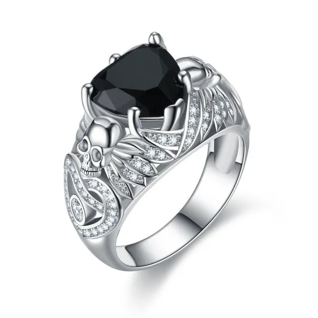 Gothic Skull, Heart Crystal and Cubic Zirconia Retro Wedding Ring