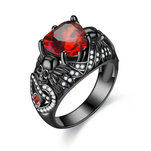 Gothic Skull, Heart Crystal and Cubic Zirconia Retro Wedding Ring