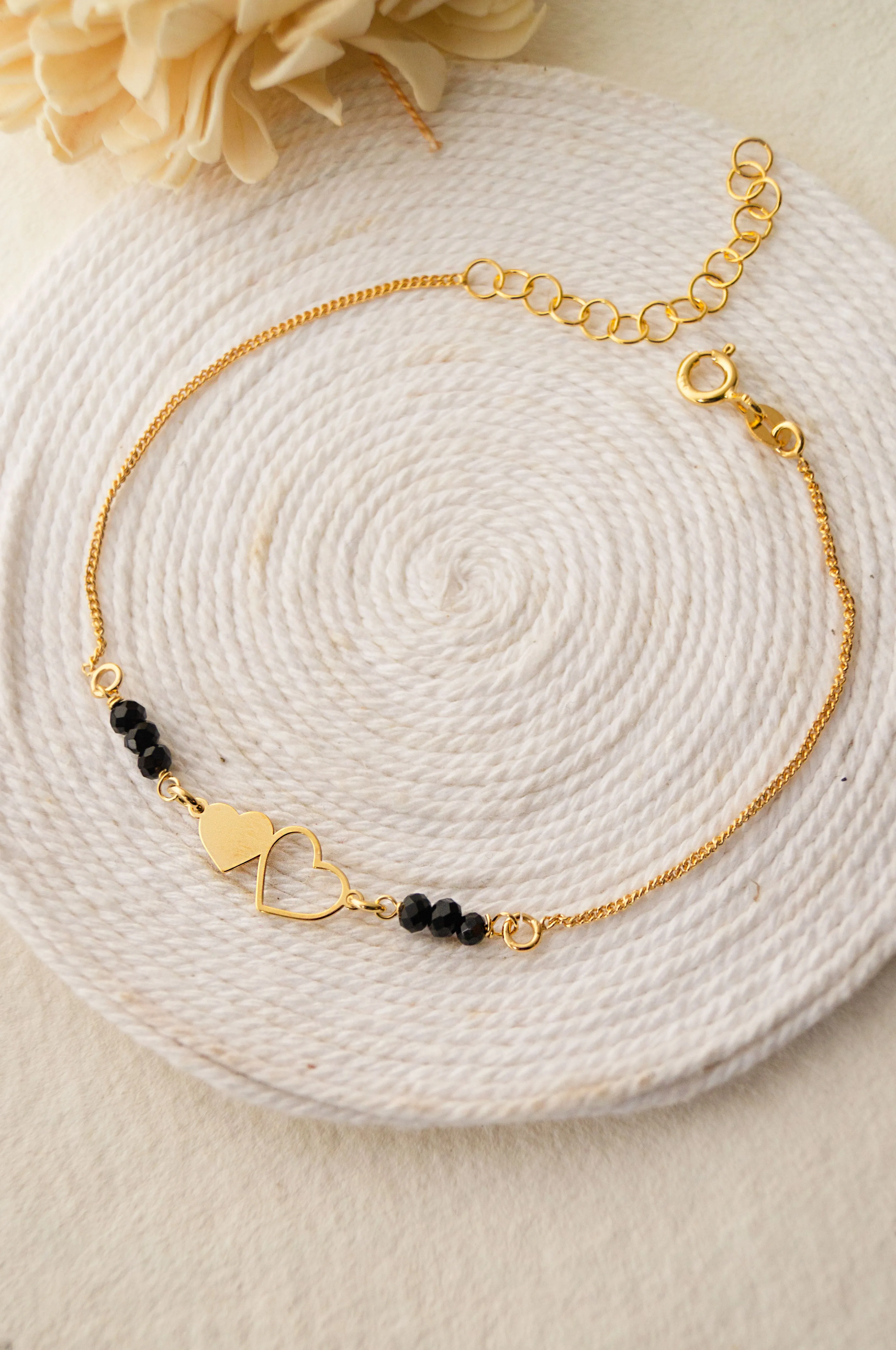 Hearts With Black Beads Gold Plated Sterling Silver Chain Bracelet