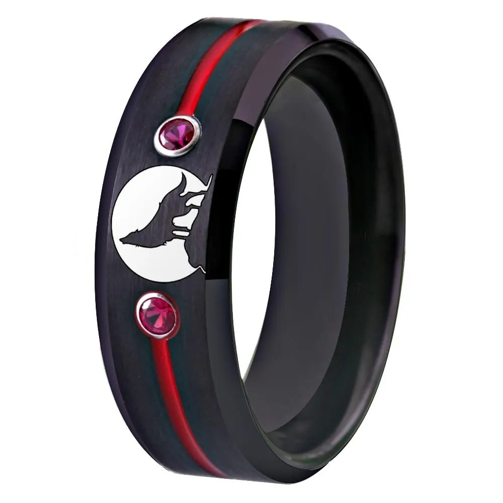 Howling Wolf Moon Cubic Zirconia Tungsten Carbide Wedding Band