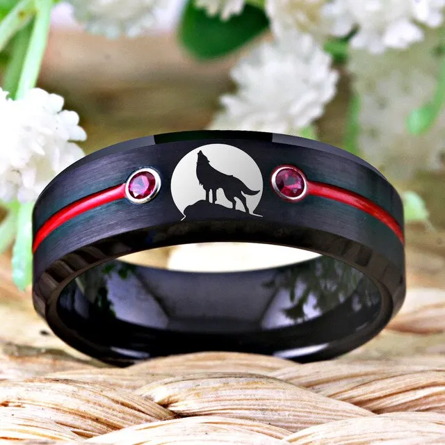 Howling Wolf Moon Cubic Zirconia Tungsten Carbide Wedding Band