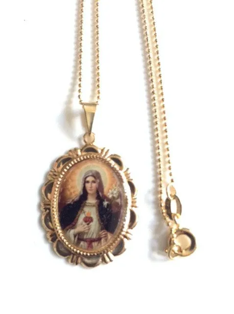 Immaculate Heart of Mary, Medal Gold Virgin Mary Necklace, Virgin Mary Gold Pendant, Catholic Jewelry Virgin Mary Jewelry Religious medals