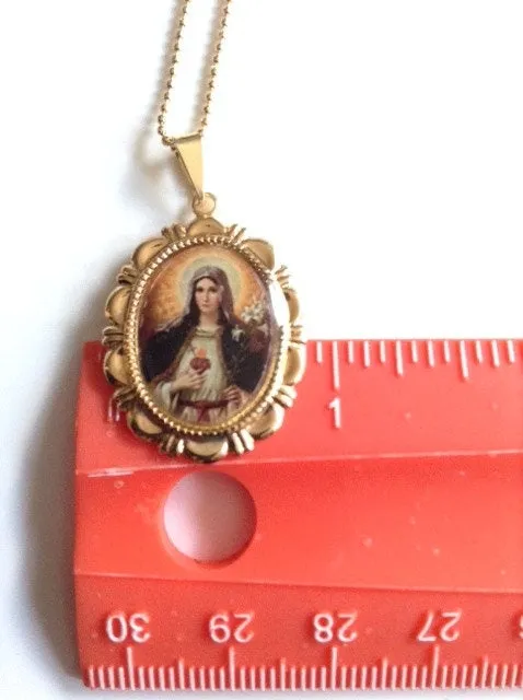 Immaculate Heart of Mary, Medal Gold Virgin Mary Necklace, Virgin Mary Gold Pendant, Catholic Jewelry Virgin Mary Jewelry Religious medals