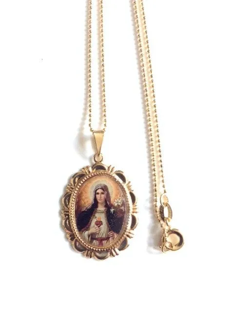 Immaculate Heart of Mary, Medal Gold Virgin Mary Necklace, Virgin Mary Gold Pendant, Catholic Jewelry Virgin Mary Jewelry Religious medals