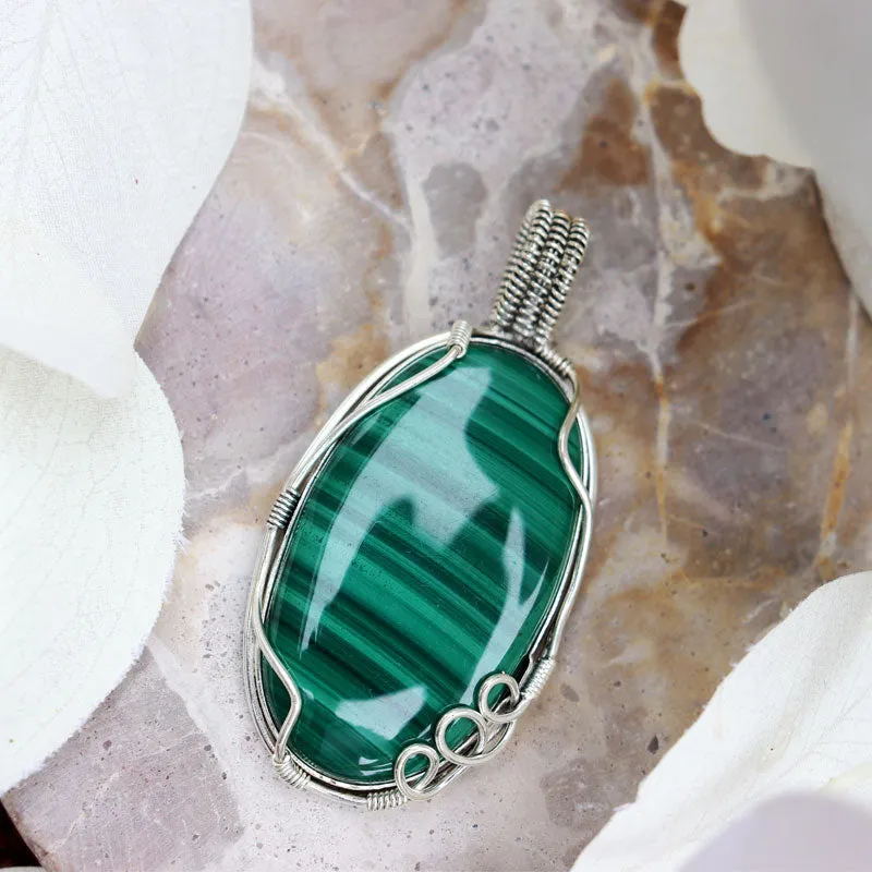 Malachite Oval Large Silver Pendant