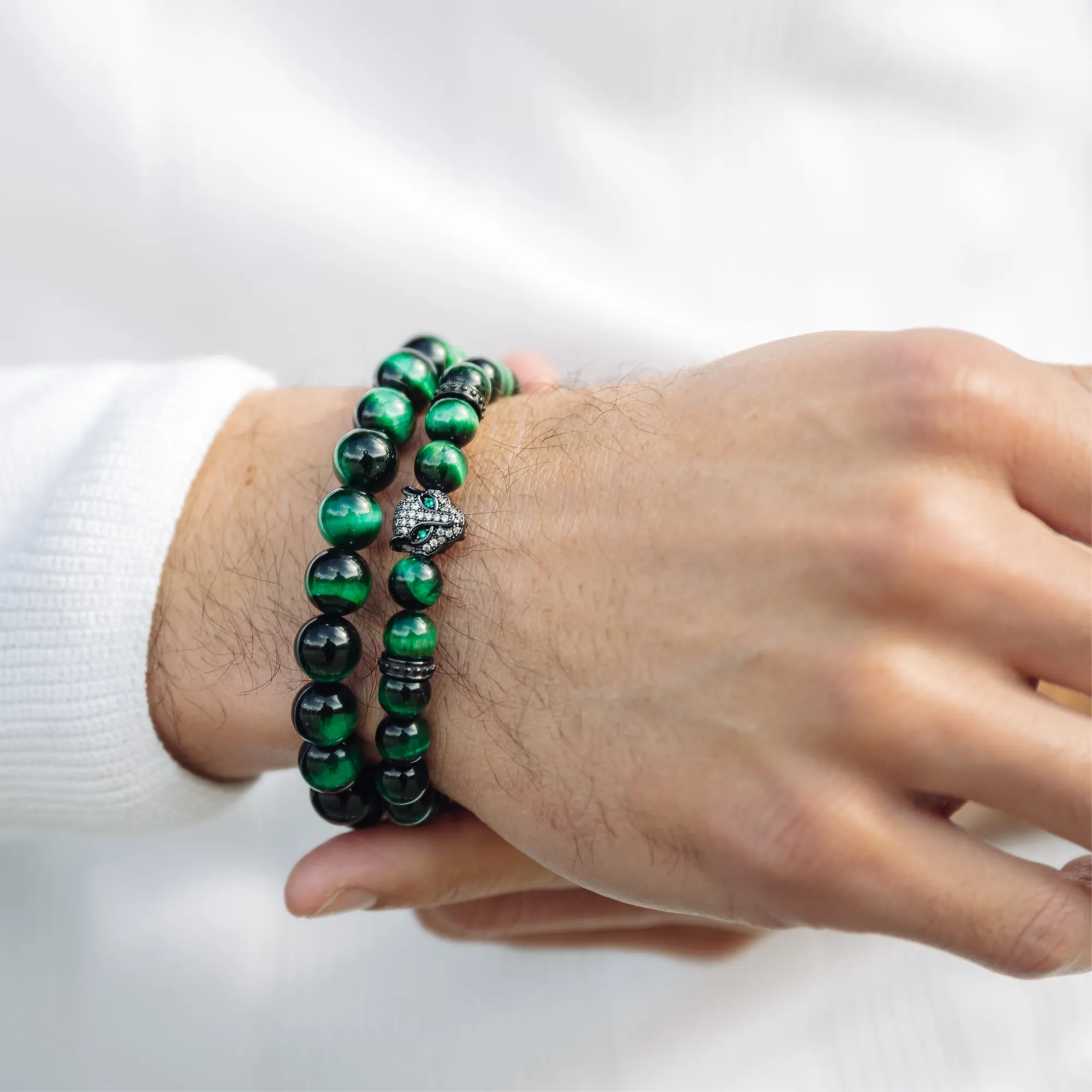 Men's GREEN TIGER EYE Bracelet With Black LEOPARD Head - One Size Fits All