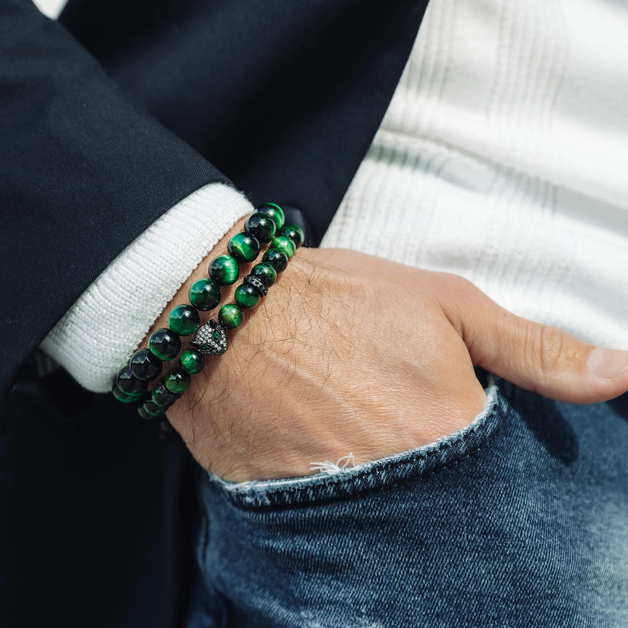 Men's GREEN TIGER EYE Bracelet With Black LEOPARD Head - One Size Fits All