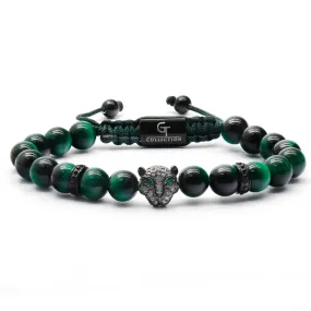 Men's GREEN TIGER EYE Bracelet With Black LEOPARD Head - One Size Fits All