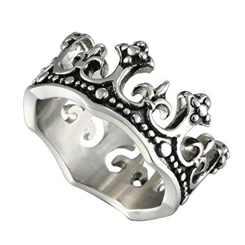 Men's Stainless Steel Ring Silver Tone Black Royal King Crown Knight Fleur De Lis Cross Band