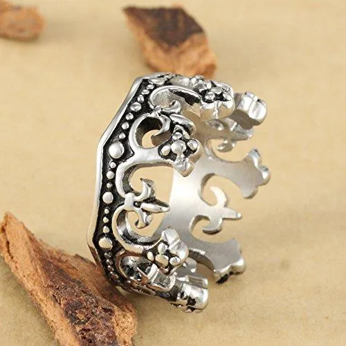 Men's Stainless Steel Ring Silver Tone Black Royal King Crown Knight Fleur De Lis Cross Band