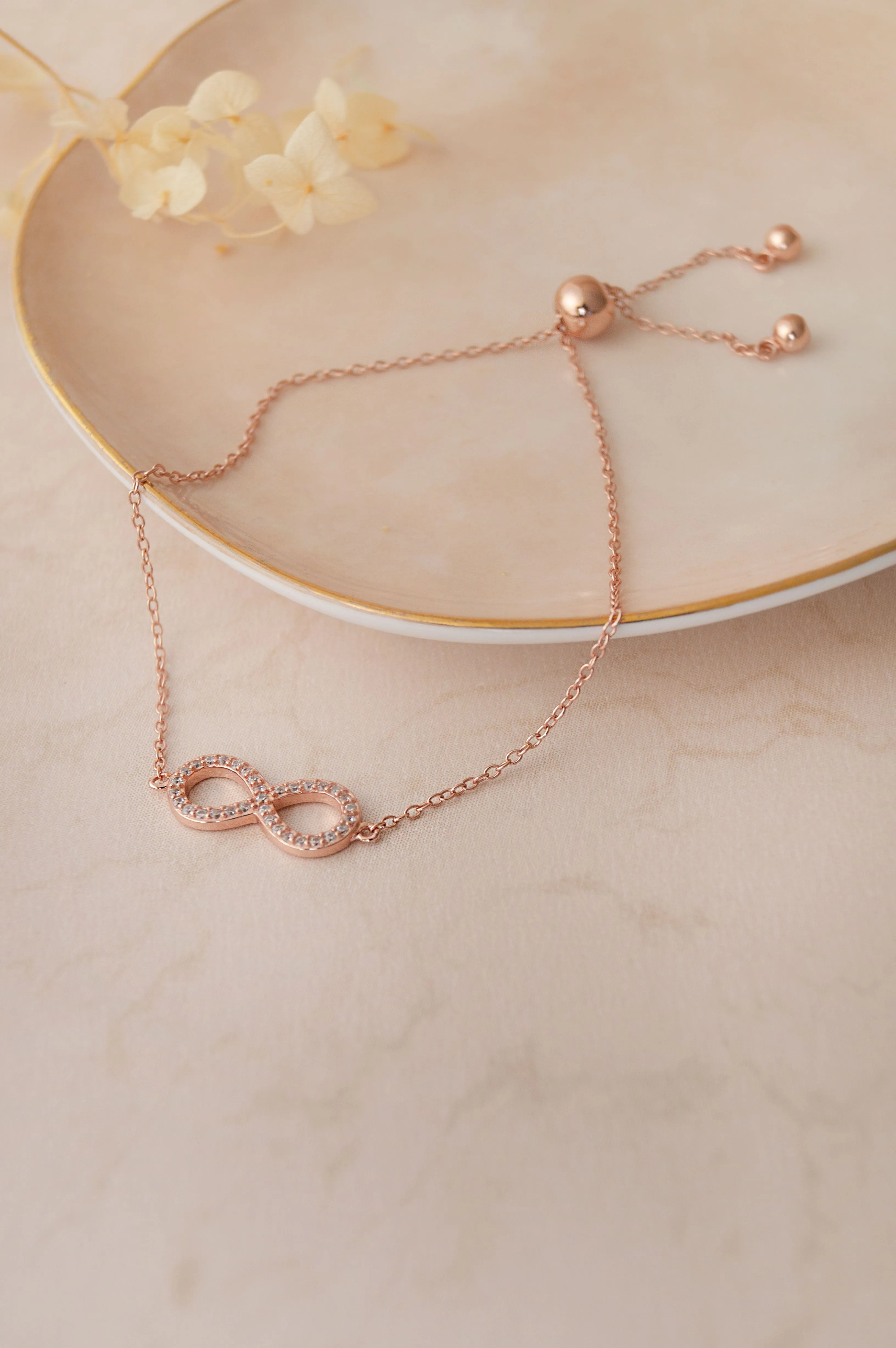 Minimal Infinity Rose Gold Plated Sterling Silver Pull Chain Adjustable Bracelet