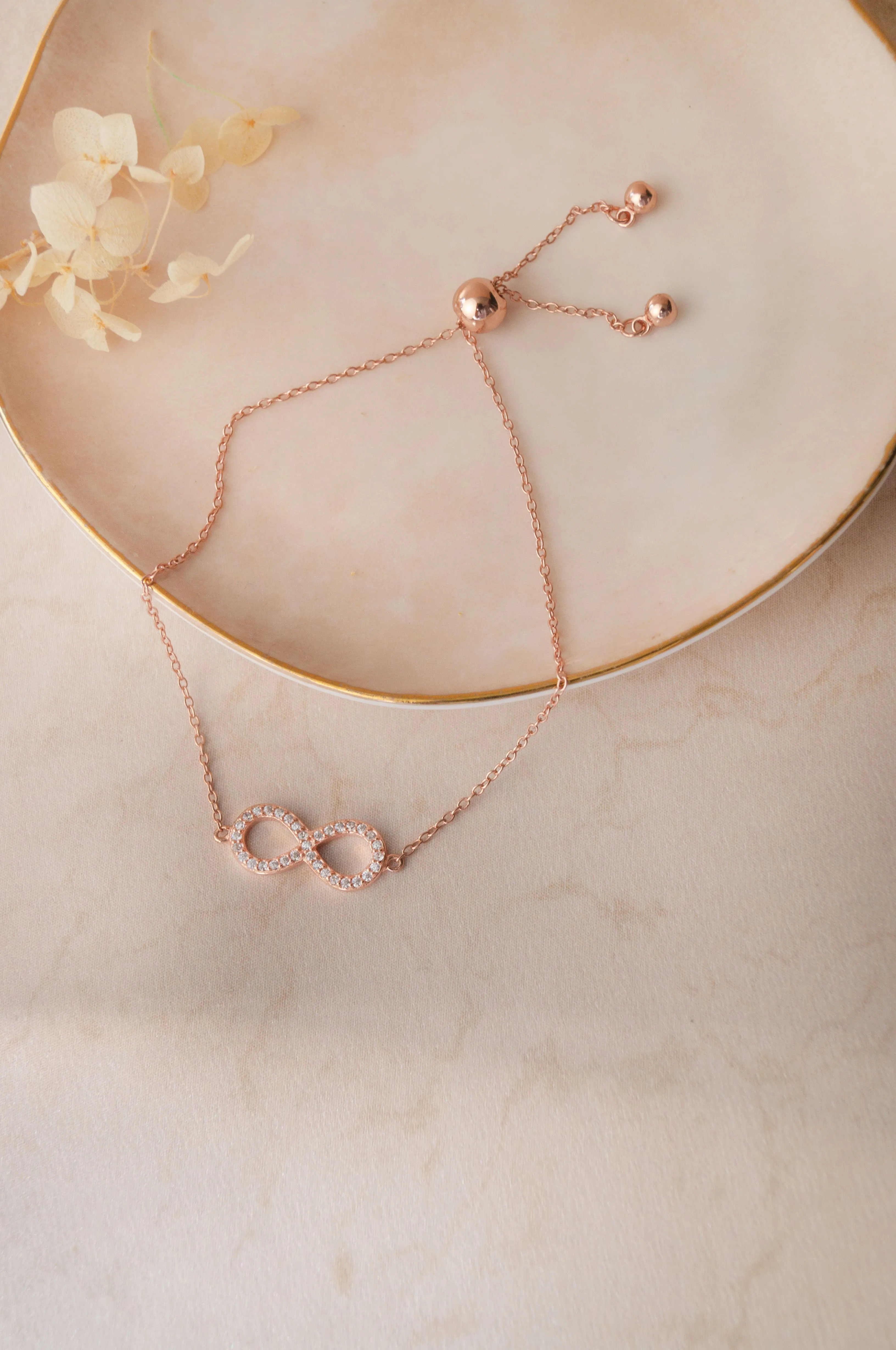 Minimal Infinity Rose Gold Plated Sterling Silver Pull Chain Adjustable Bracelet