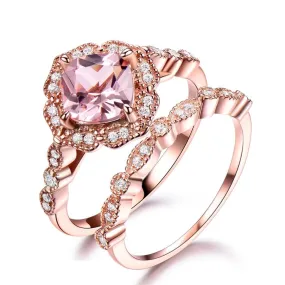 Morganite and Cubic Zirconia 925 Sterling Silver Vintage Wedding Ring