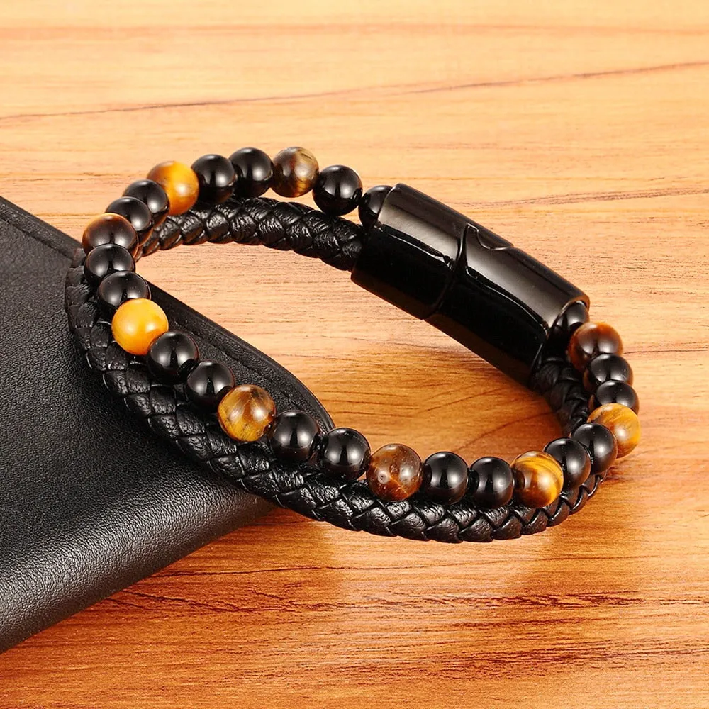 Multi-Layered Leather Tiger-Eye Obsidian Bead Bracelet