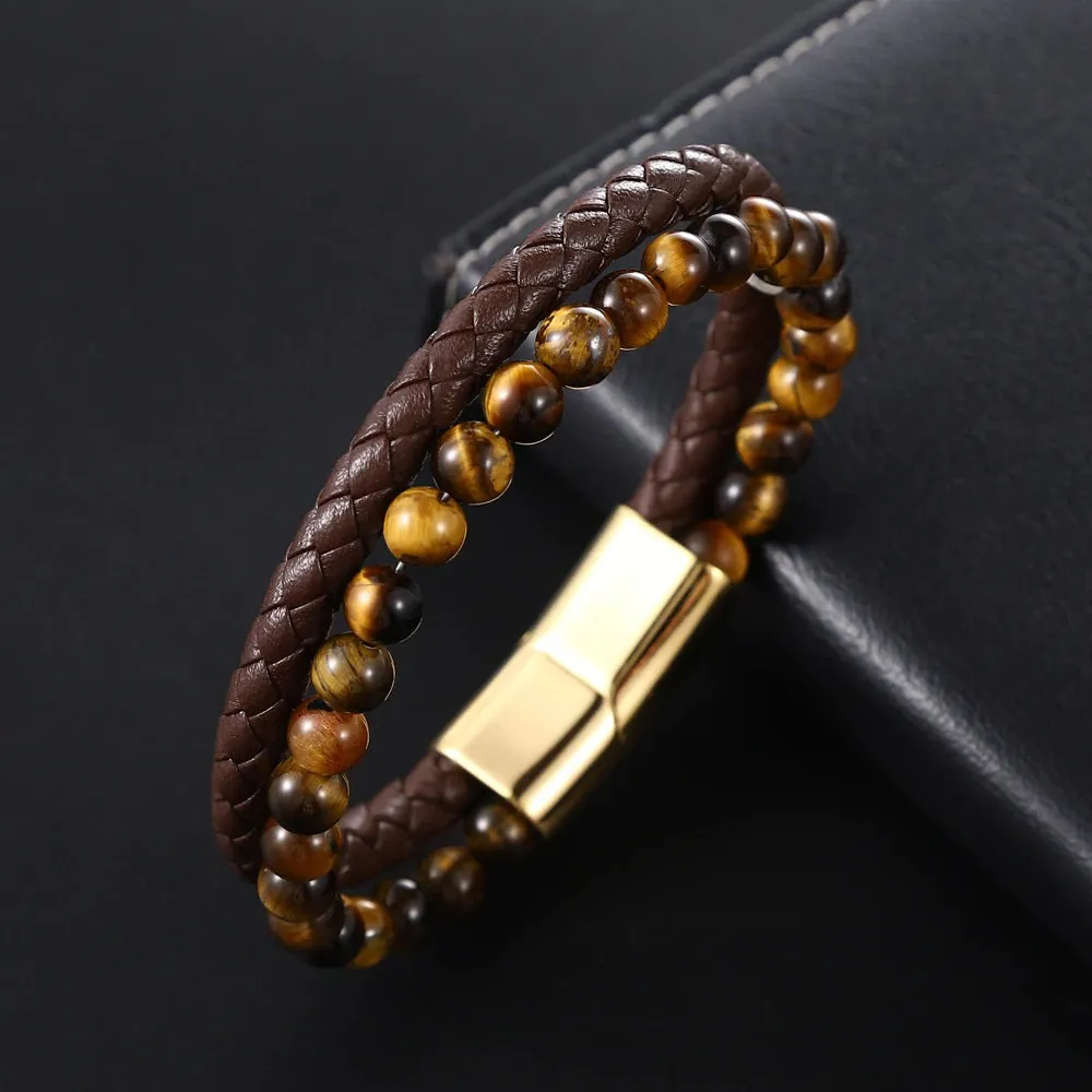 Multi-Layered Leather Tiger-Eye Obsidian Bead Bracelet