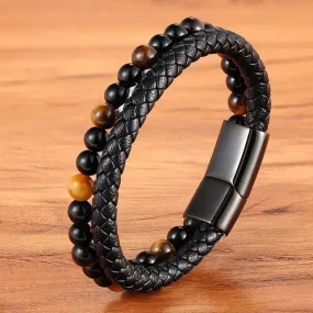 Multi-Layered Leather Tiger-Eye Obsidian Bead Bracelet