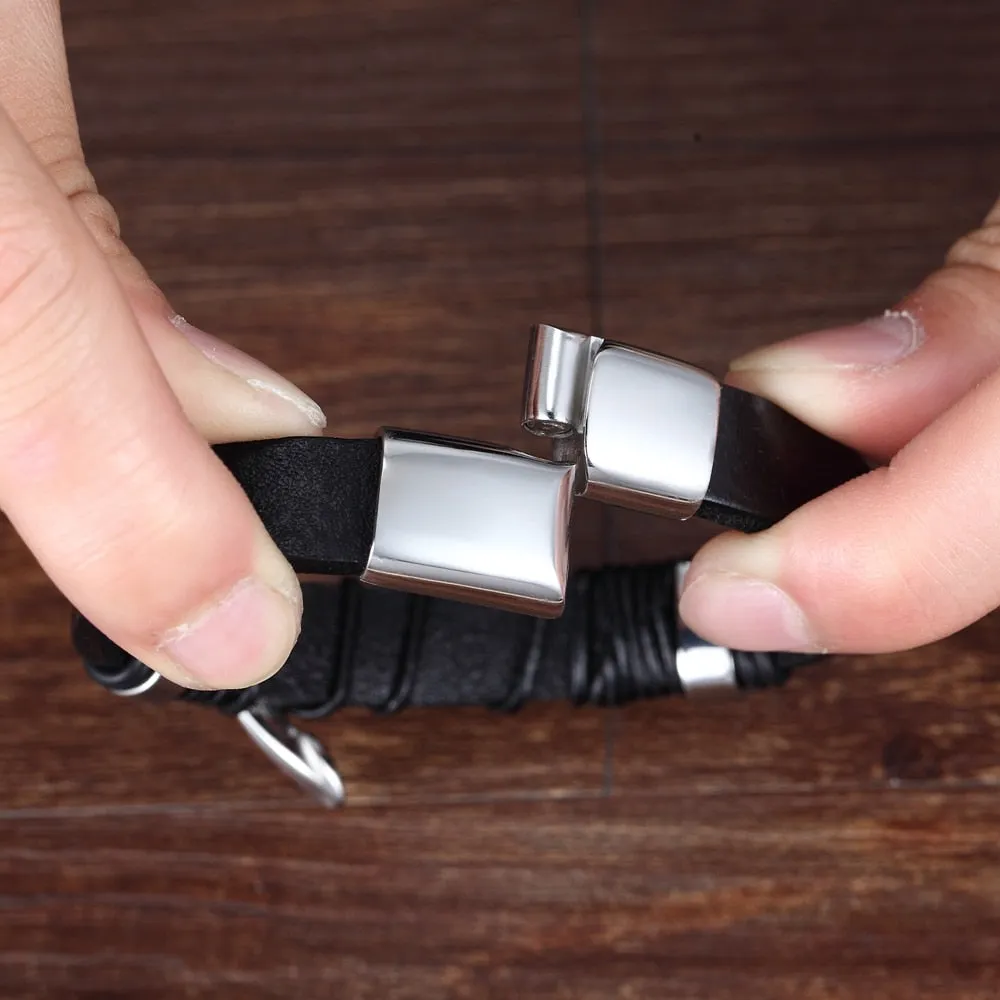 Multi-Layered Leather Tiger-Eye Obsidian Bead Bracelet