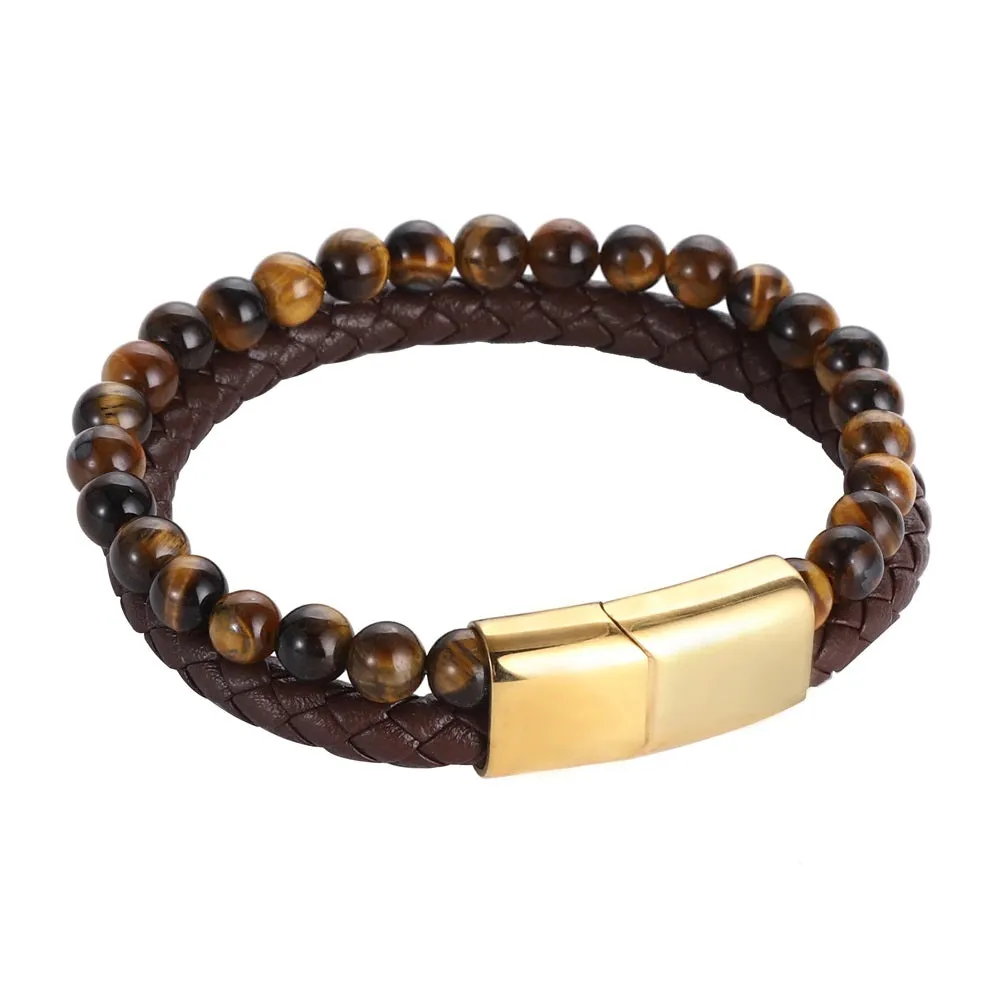 Multi-Layered Leather Tiger-Eye Obsidian Bead Bracelet