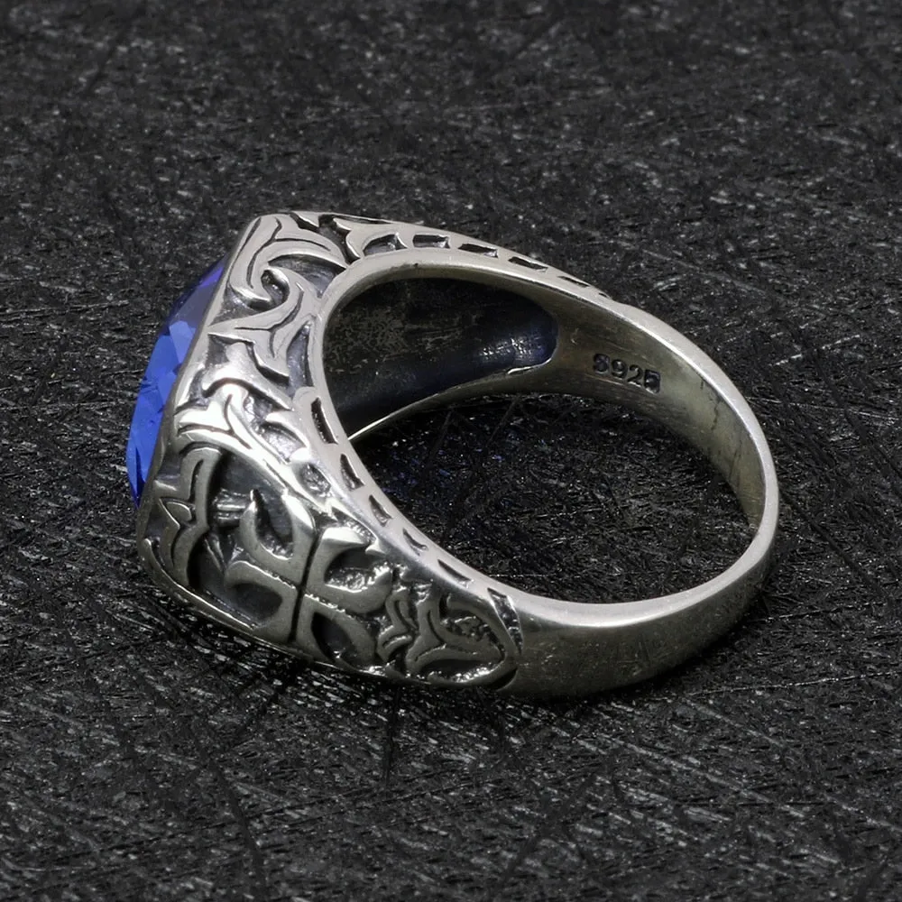 Natural Blue Crystal Stone and Engraved Flower 925 Sterling Silver Vintage Ring