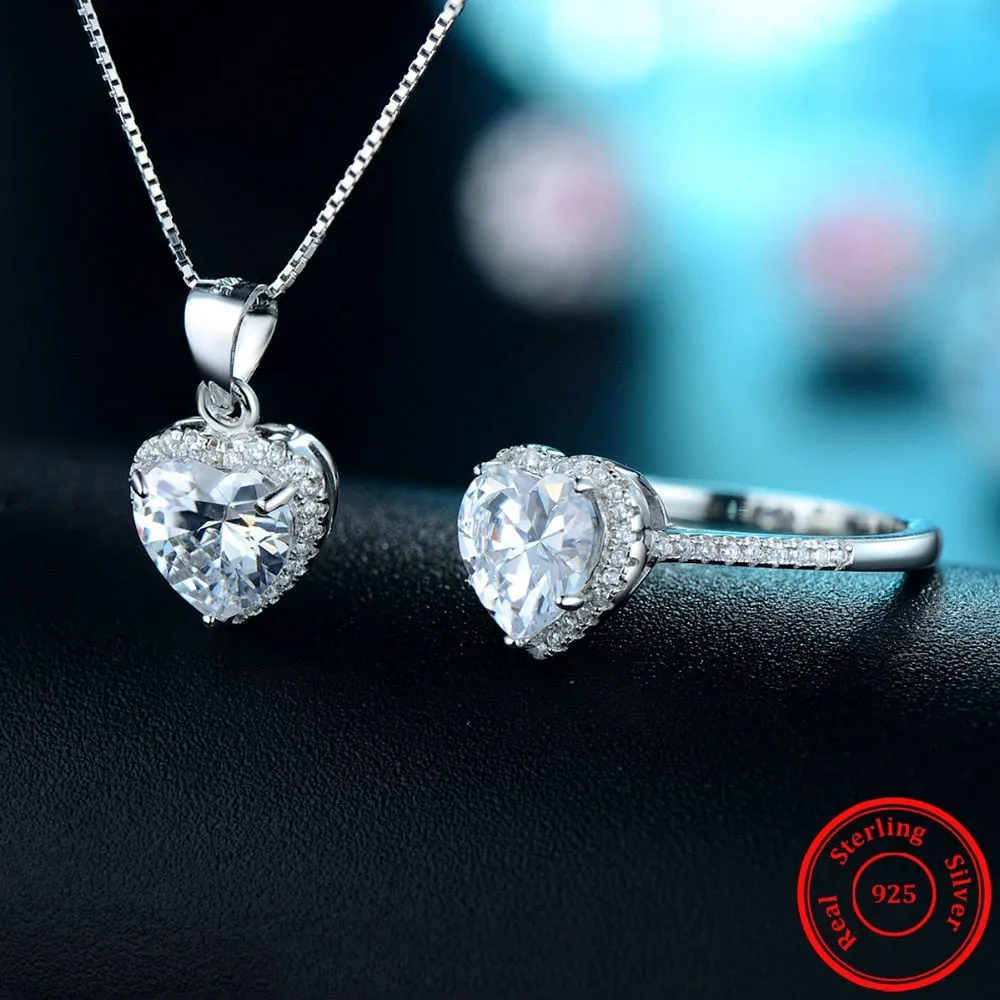 Natural Crystal Heart 925 Sterling Silver Necklace & Ring Fashion Wedding Jewelry Set