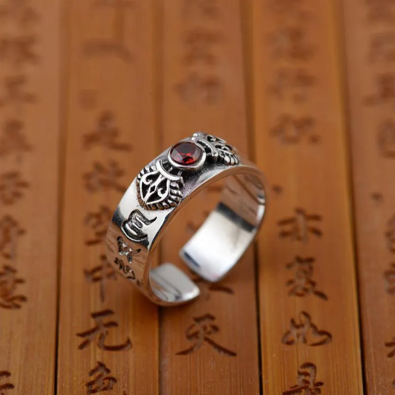 Natural Garnet Stone with Buddhist Six Words Mantra 925 Sterling Silver Vintage Ring