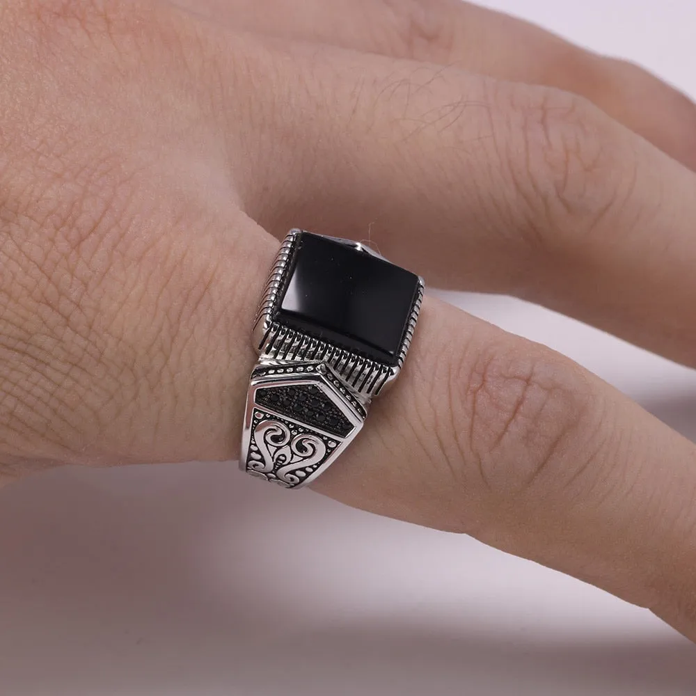 Natural Square Black Agate Stone 925 Sterling Silver Turkish Ring