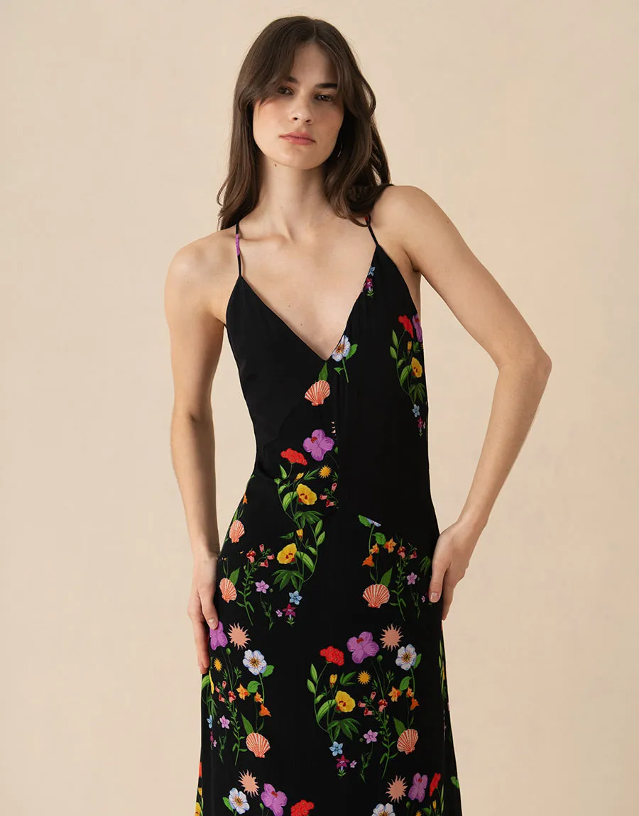 Olive Crepe Maxi Dress - Terrazzo Flower Black - SALE