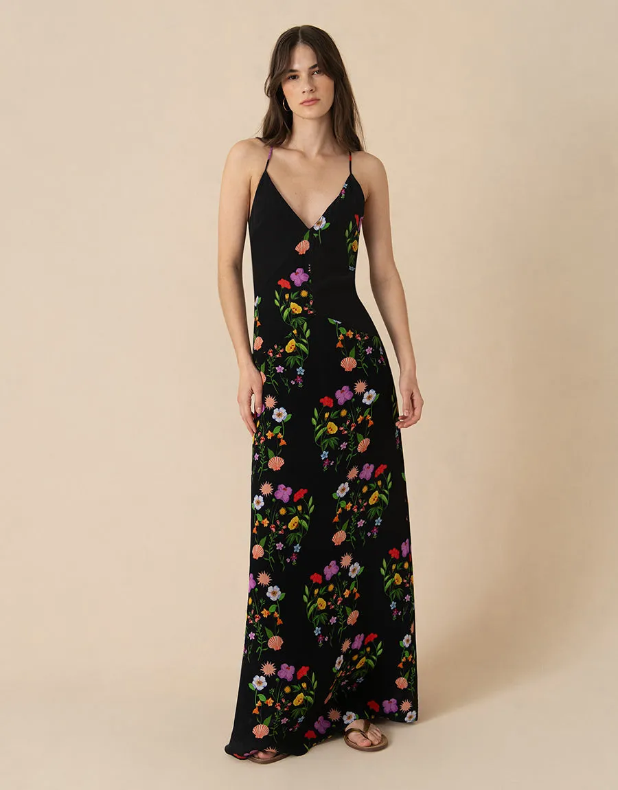 Olive Crepe Maxi Dress - Terrazzo Flower Black - SALE