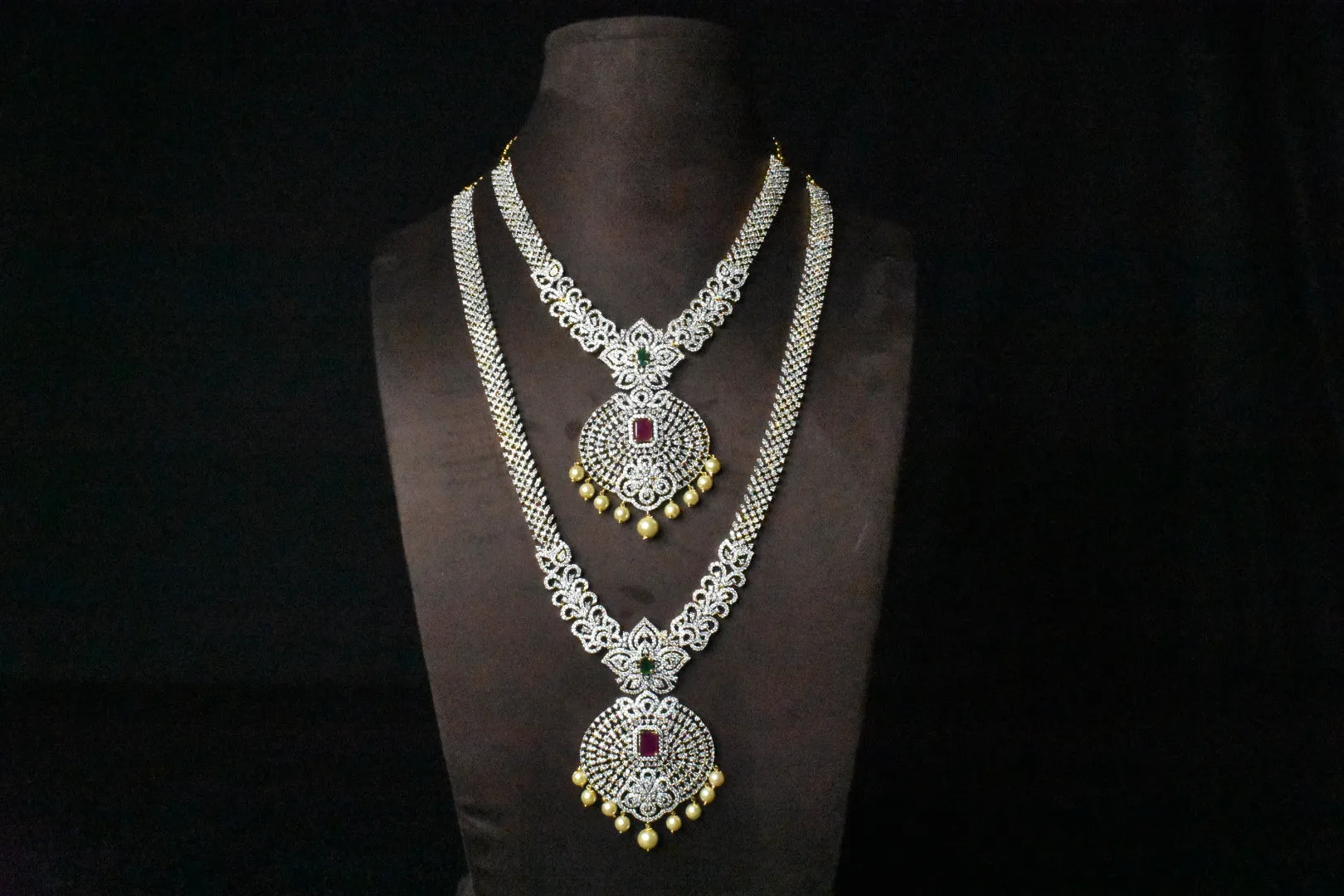 One gram gold american Diamonds Enchanting Bridal Combo Necklace Set