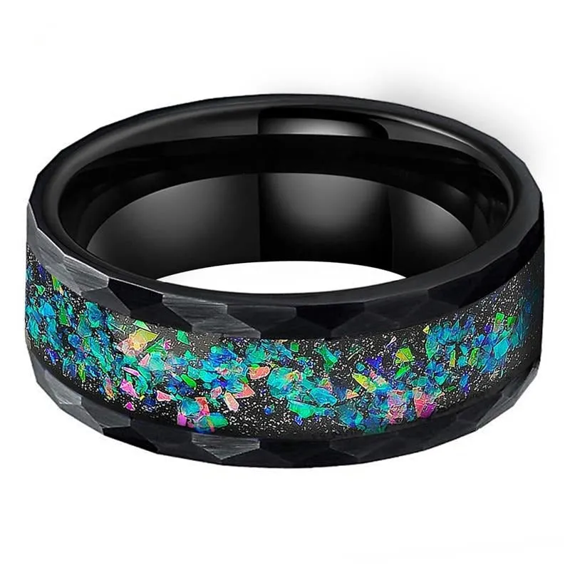 Opal Inlay Multi-Faceted Tungsten Wedding Ring